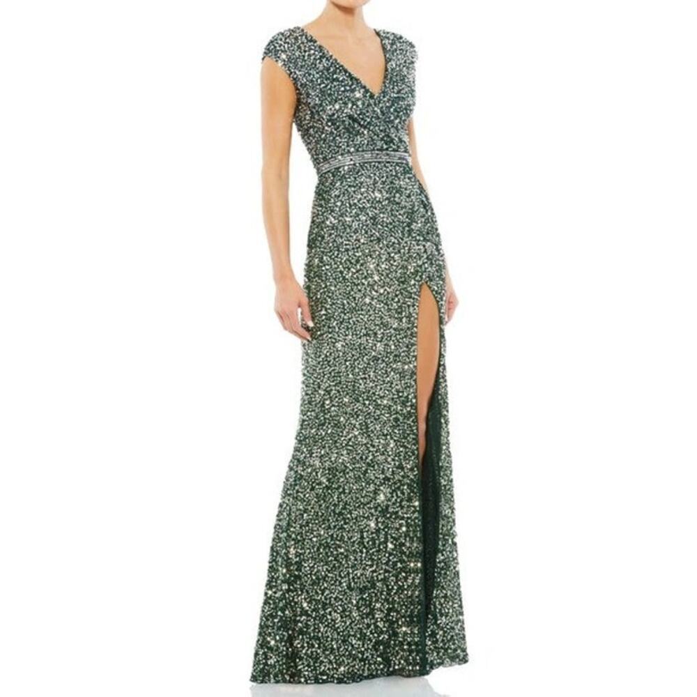 Mac Duggal Cap Sleeve Sequined High Slit Gown In Forest Green Size 2 NWT